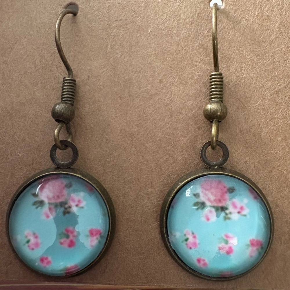 Handcrafted Blue and Pink Vintage Floral Dangle Earrings
